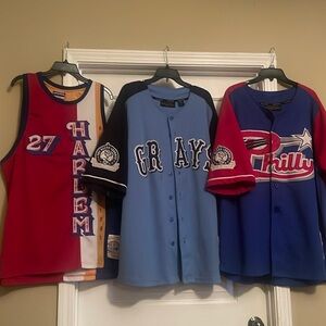 2 Historic Negro League Baseball Jerseys and 1 Harlem Globetrotters Jersey